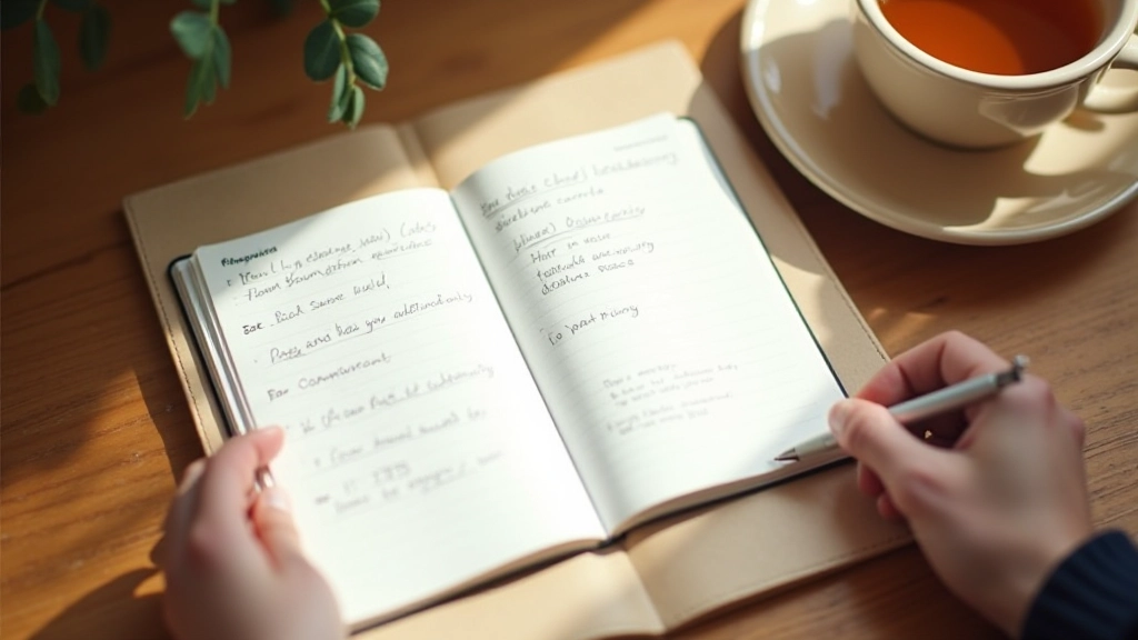 Person writing in a journal at a desk with tea, engaged in thoughtful reflection and self-assessment