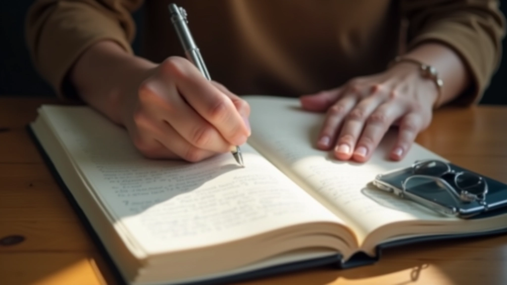 Hands writing in journal on wooden table with morning light, focused journaling moment