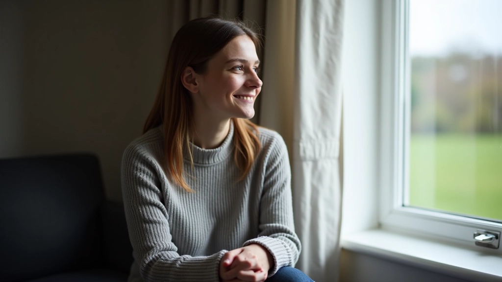 Person sitting in quiet moment of reflection with soft natural lighting streaming through window