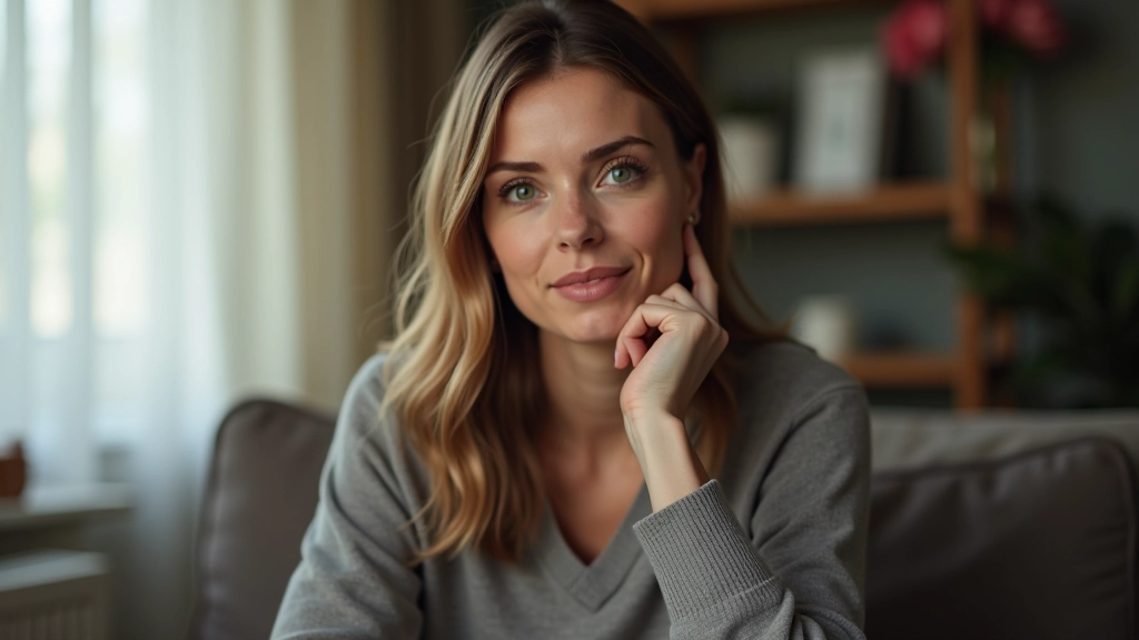 Person sitting alone with thoughtful expression, hand near face, peaceful interior setting with soft natural light, calm contemplative mood, professional portrait