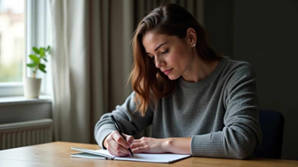 Close-up of person writing in notebook at wooden desk, pen in hand, morning light, focused expression, professional environment