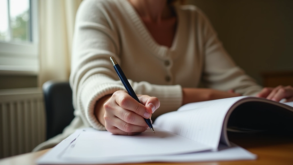 Person sitting at desk with notebook and pen, thoughtful expression, natural workspace setting with warm lighting
