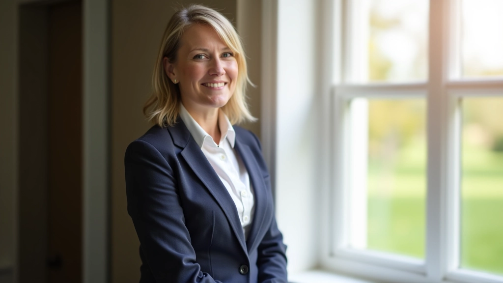 Person standing at window with confident posture, natural light, peaceful confident expression
