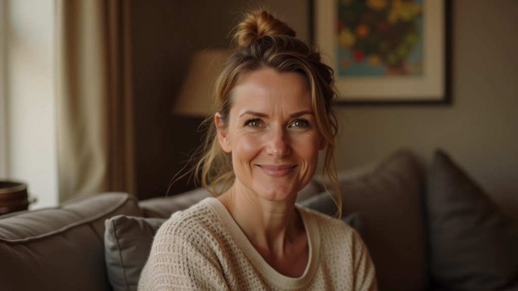 Person at peace, relaxed and confident expression, sitting comfortably with clear mind and good boundaries