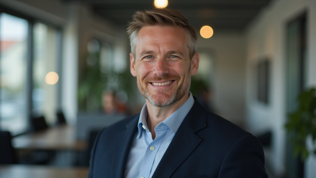 Person in professional setting, appearing confident and composed, standing with good posture, calm facial expression, modern background with soft lighting