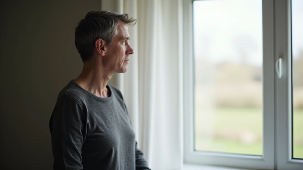 Person standing alone by window looking outside, thoughtful, arms crossed gently, natural daylight