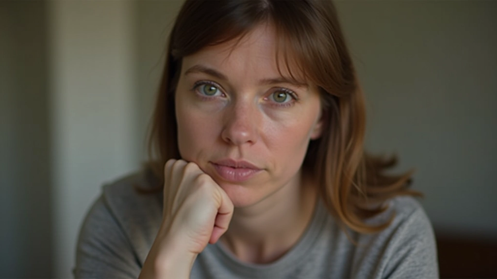 Person reflecting thoughtfully, hand to chin, considering carefully with honest expression in quiet moment