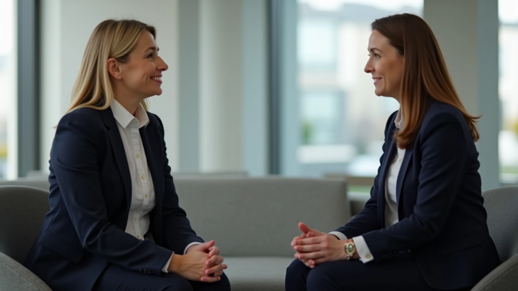 Two people in conversation, one person speaking calmly with relaxed posture, professional office setting, neutral expression, respectful body language, natural lighting