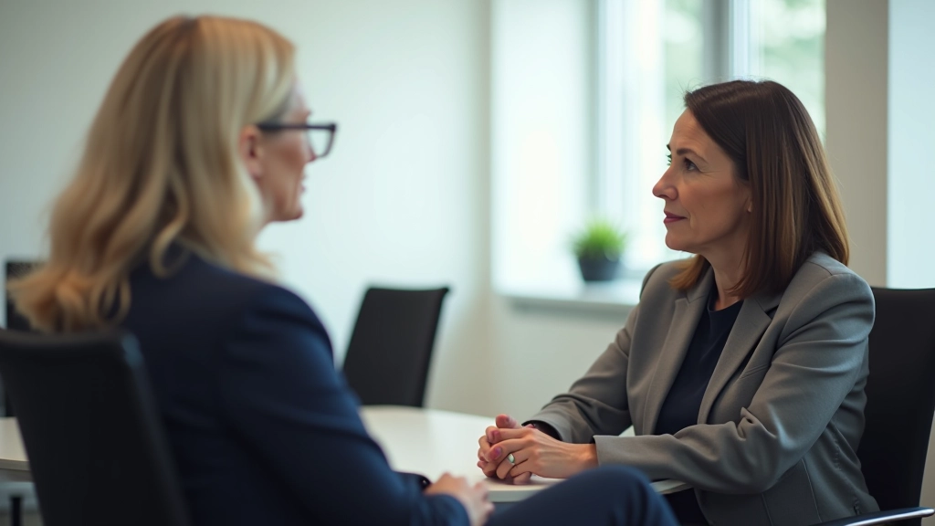 Two people in professional setting having a respectful conversation with open body language