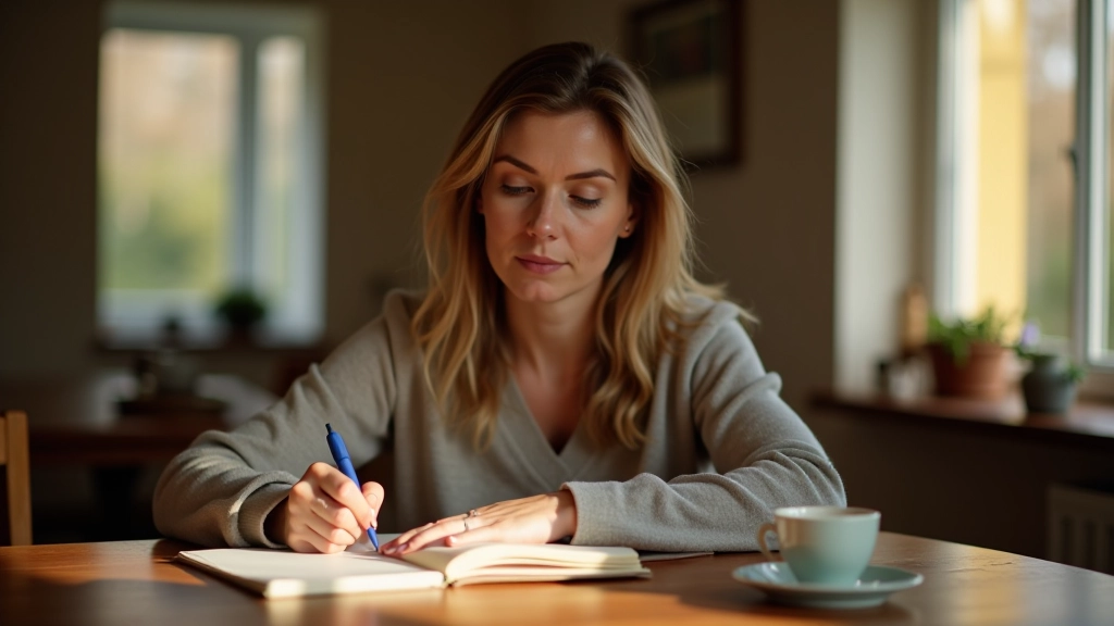 Person sitting thoughtfully, journaling or taking notes in a peaceful home setting