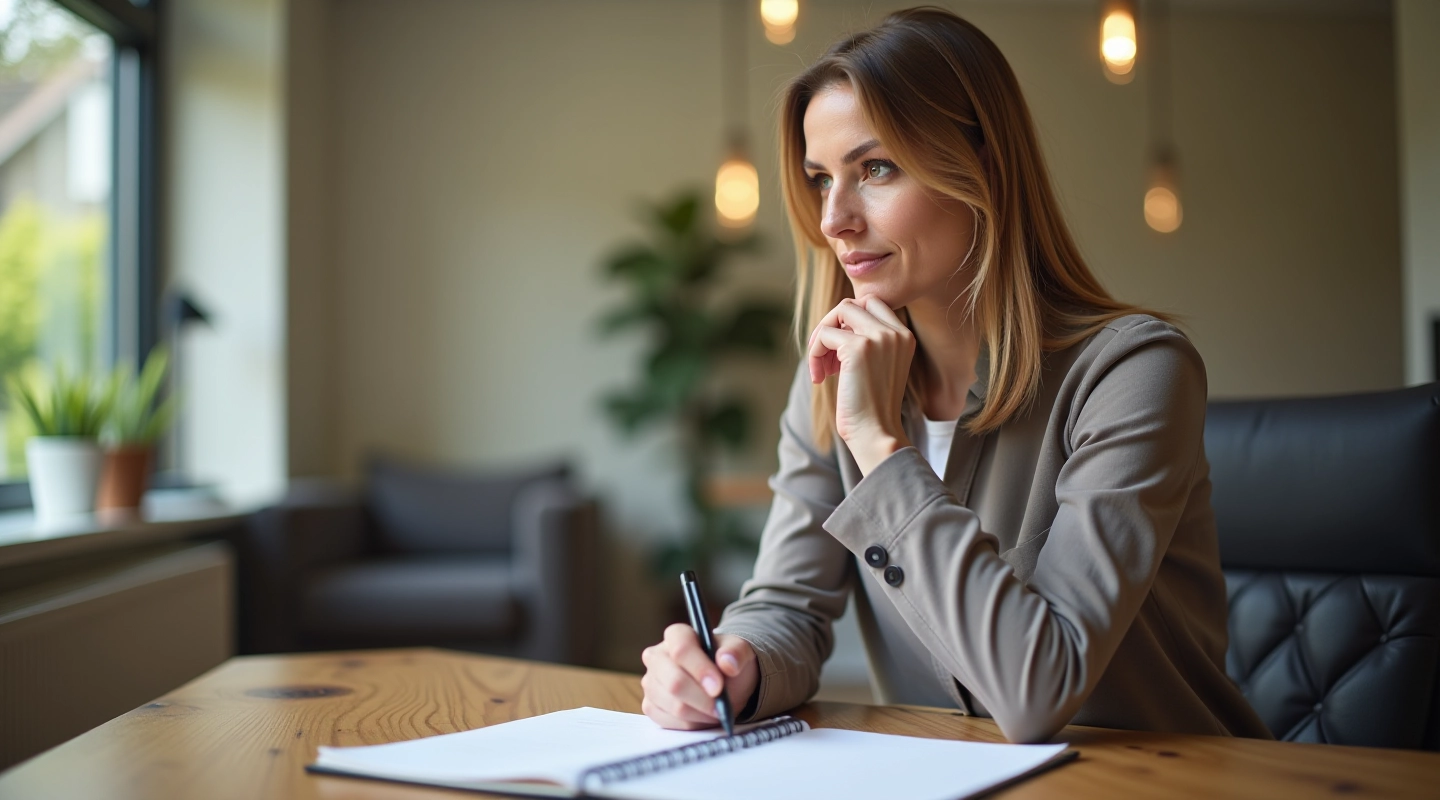 Woman at desk reflecting on assertive communication training materials