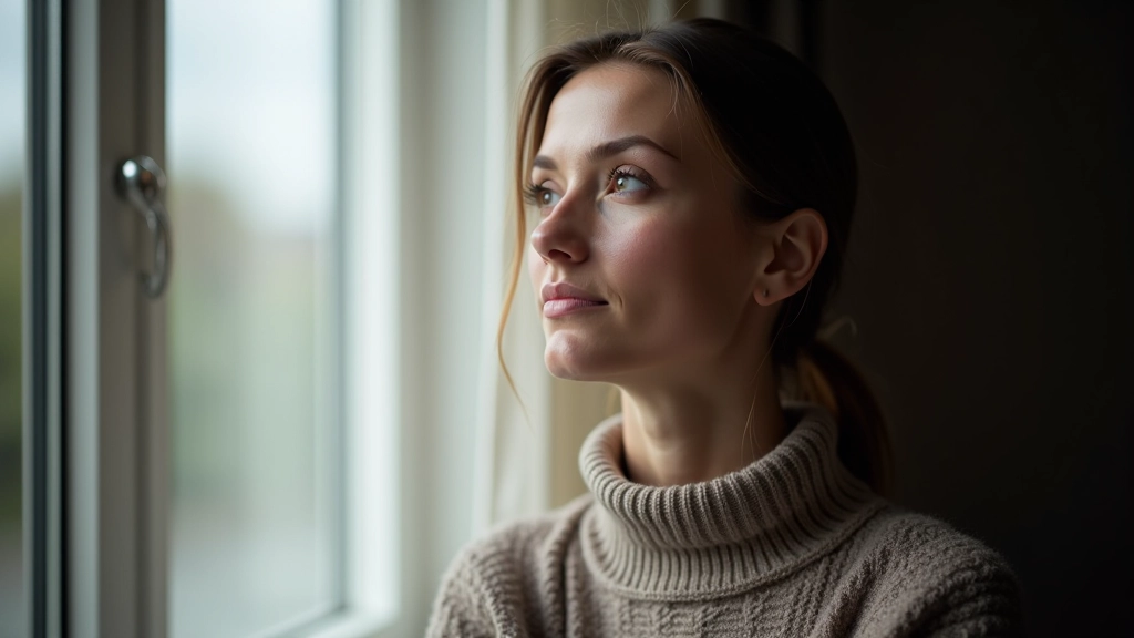Person looking out a window with a peaceful, reflective expression during quiet moment