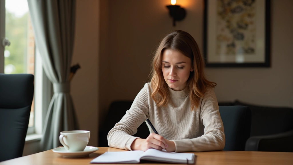 Woman writing in notebook with pen, contemplative expression, cup of coffee nearby on desk