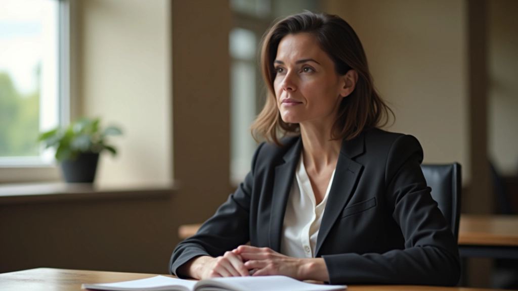 Woman sitting at a wooden desk, pausing thoughtfully before responding, sunlight through window, calm and composed expression