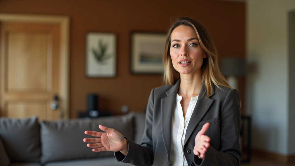 Woman speaking calmly with hand gestures, confident and centered posture, sitting in living room setting