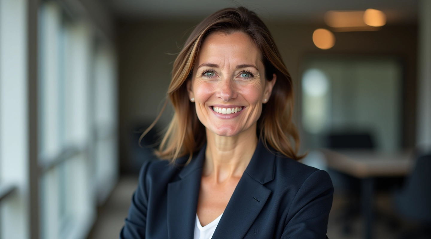 Woman in professional setting having a conversation with confident posture and calm expression